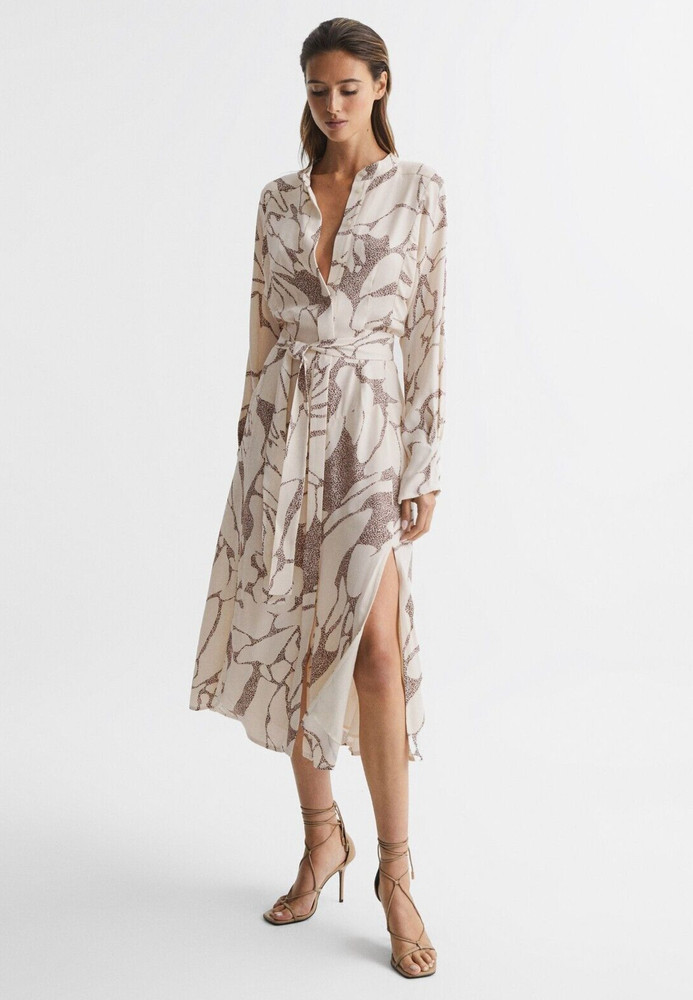 REISS Darcy Leopard Print Long Sleeve Belted Midi Shirt Dress UK Size 10