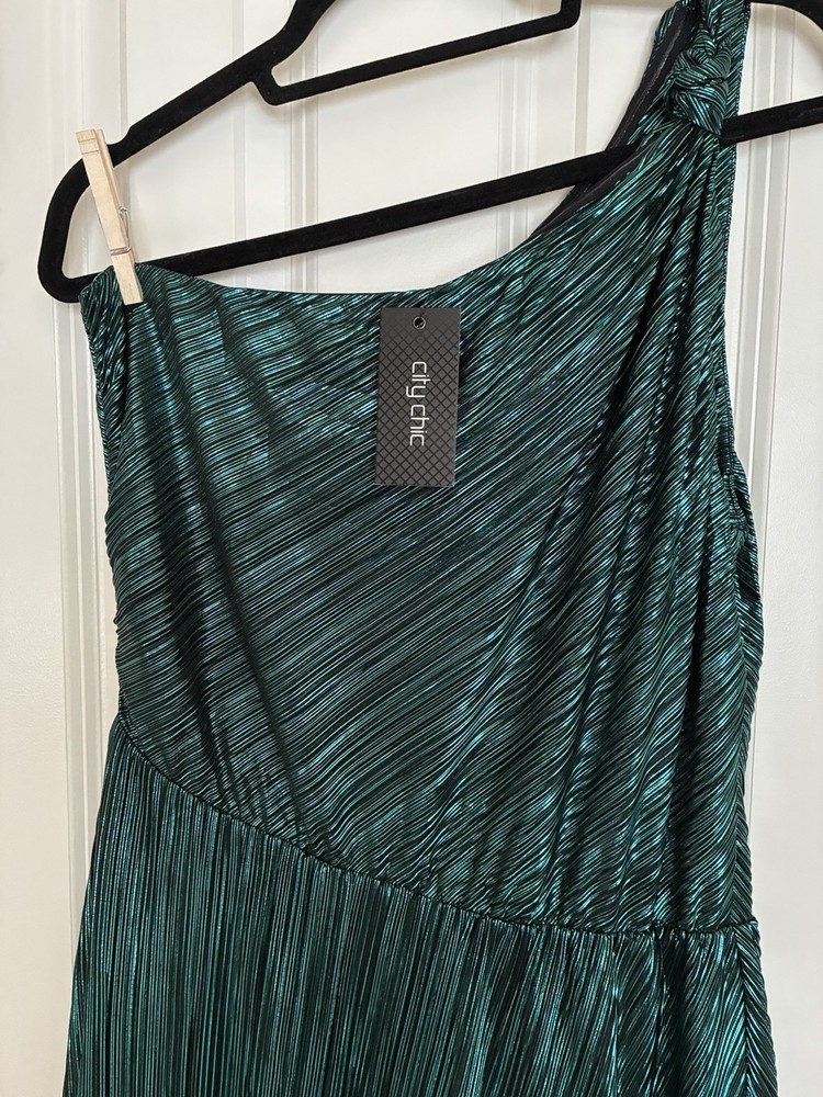 Cider Green & Black Solid One-Shoulder Pleated A-Line Midi Dress Sleeveless S