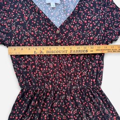 Black Floral Print Dress Red Flowers, Size Small, Elastic Waist, Short Sleeves