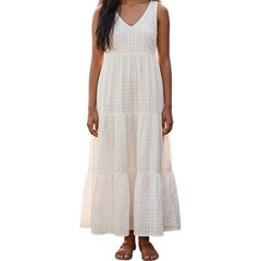 GAP Tiered Midi Dress XS White Cotton Plaid V-Neck Lined Pockets Ivory Frost