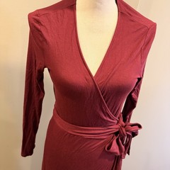 GAP True Wrap Long Sleeve Jersey Knit Balletcore Midi V Neck Burgundy Fairy Boho