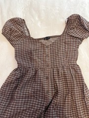 Dark Brown Check Pattern Puff Sleeve Midi Dress blu pepper (Small)