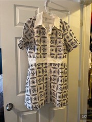 Doe and Rae White/Black Floral Shirt Dress L Short Sleeve Collared Cotton