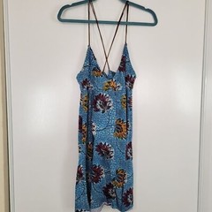 Rare Free People Lotus Print Blue Dress Large Floral Beach Boho Strappy Light