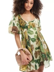ASOS Square Neck Lace Green Floral Puff-Sleeve Mini Dress