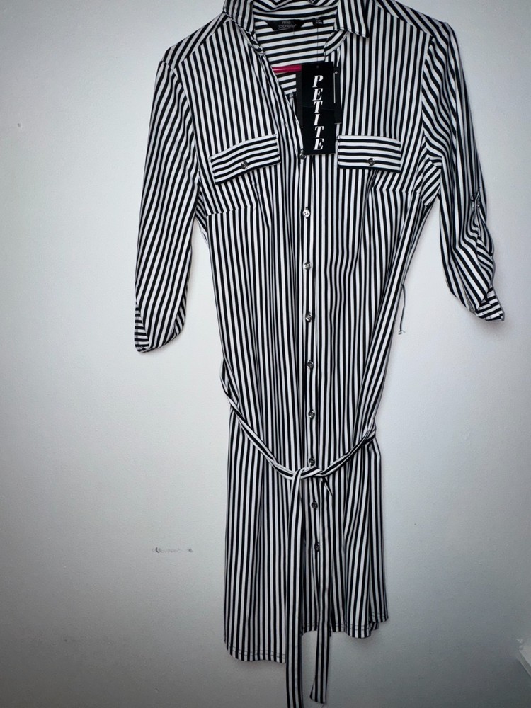 Mile Gabrielle Petite Striped Button-Down Shirt Dress Black White Roll Tab Sleev