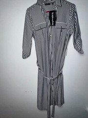 Mile Gabrielle Petite Striped Button-Down Shirt Dress Black White Roll Tab Sleev