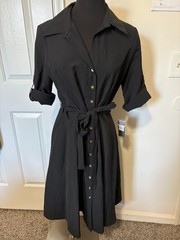 Sharagano Shirt Dress in Black. Size 10. Gold buttons and tie waist.