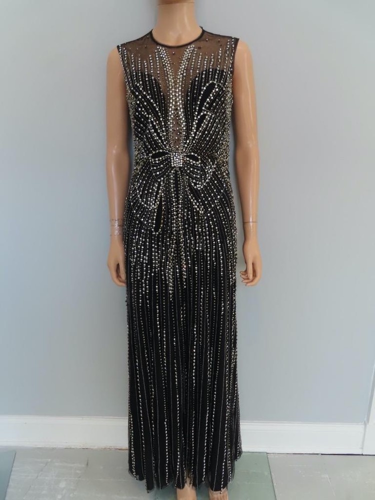 Jenny Packham Black/Silver Beaded Bow Detail Long Evening Dress US 8-10