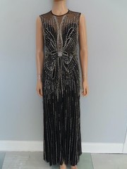 Jenny Packham Black/Silver Beaded Bow Detail Long Evening Dress US 8-10
