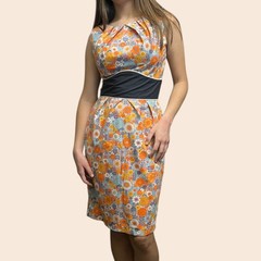 Orange White And Blue True Vintage Floral Mod Shift Sheath Knee Length Dress S