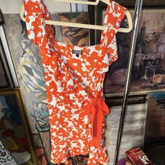 Topshop Orange/White Floral Wrap Midi Dress US 10 Square Neck Sleeveless