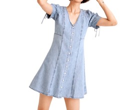 MADEWELL Button Front TENCEL Denim Mini Dress 14 Puff Tie Sleeve V-Neck Retro