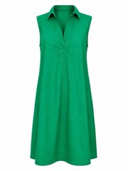 Tahari Women&rsquo;s Linen Blend Green Sleeveless V-Neck Pockets Shirt Dress Size 10