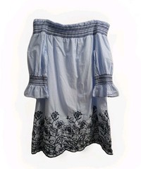 Alterd State Women L Off the Shoulder Blue Stripe Embroidered Floral Dress Top