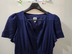 Anne Klein Dress Womens M Blue Maxi Flare Short Sleeve Empire Geometric Lined
