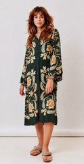 Women&rsquo;s Green Beige Floral Viscose Belted Long Sleeve V-Neck Robe, Size L