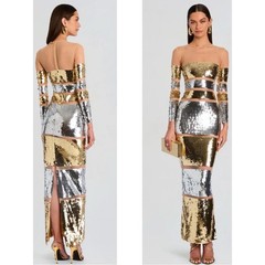 RETROFETE Desi Sequin Embellished Long Sleeve Sheer Mesh Maxi Dress Size Small