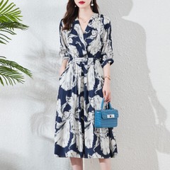 100% Mulberry Silk Dress Women&rsquo;s Mid Length Summer New Fashion V-neck Silk Dress