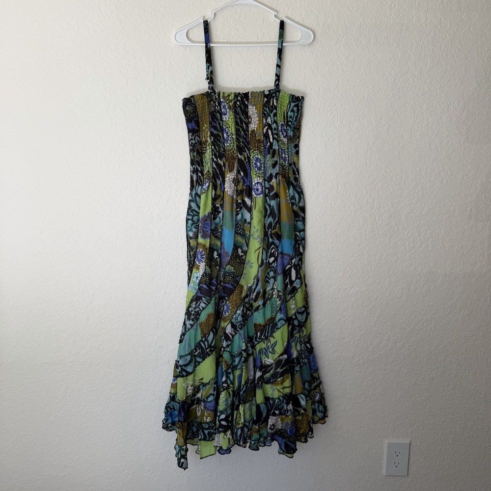Patchwork Sun Dress Medium Blue Green Hippie Boho Tropical Asymmetrical Smocked