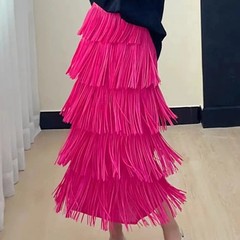 Multifunctional Slimming Tassel Cake Skirt Medium and Long Dress Elastic Waist D