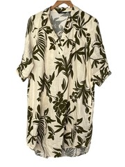 Mlle Gabrielle Dress shirt tunic Leaf Print Tan green 100% Cotton Size Large