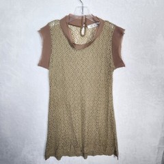 Reckless-Angel Womens Dress M Tan Sheer Lined Short Sleeve Back Button Mini READ