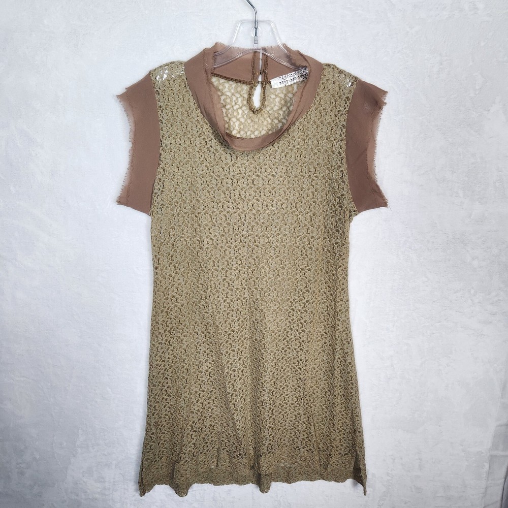 Reckless-Angel Womens Dress M Tan Sheer Lined Short Sleeve Back Button Mini READ