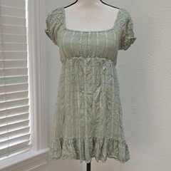 Celebrity Pink Green Smocked Square Neck Puff Short Sleeve Mini Dress L