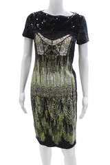 Cavalli Class Women Black Bodycon Sheath Mid-Calf Dress Short Sleeve Size 6