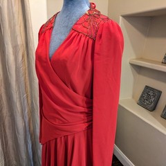 Vtg 80s Red Sequin Beaded Wrap Dress 10/12 Formal Evening Puff Sleeve Keyhole