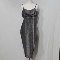 Madden NYC Dress Womens L Silver Glitter Cowl Neck Strappy Bodycon Midi
