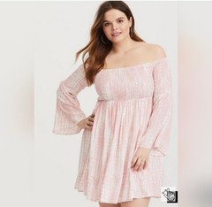 Torrid Mini Challis Off the Shoulder Dress 0 Pink Tie Dye Bell Sleeves Skater