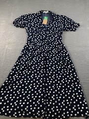 Boden Dress Womens 12P Petite Blue V Neck Short Puff Sleeve Polka Dot Midi NWT