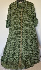 Creme Boheme Green & Black Button Down Shirt Dress collar neckline Boho Sz Free