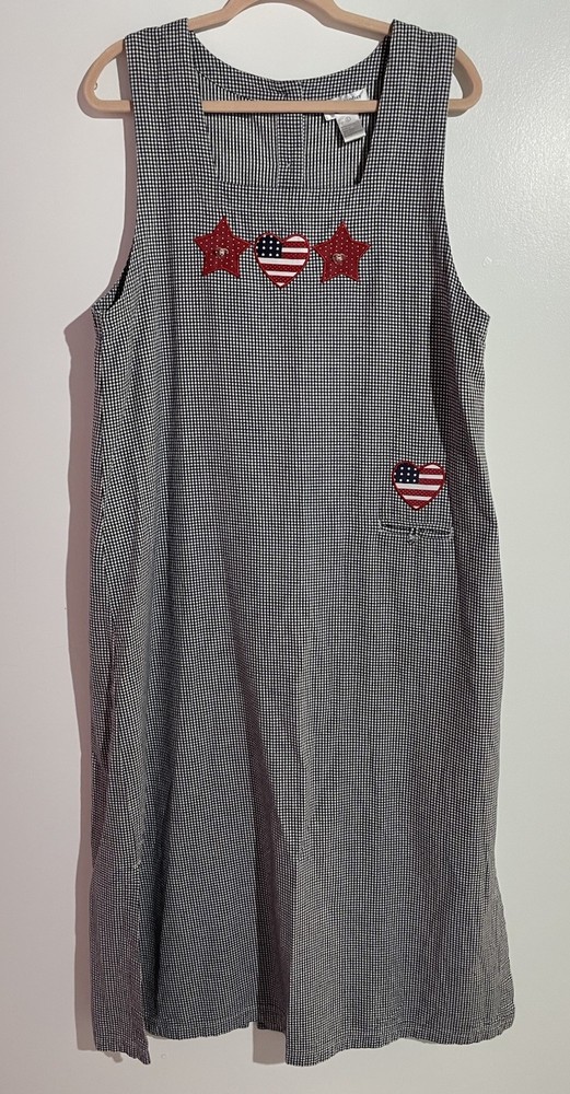 Vtg Christopher & Banks Pinafore Jumper Dress L 90s USA Flag 4th Americana Star