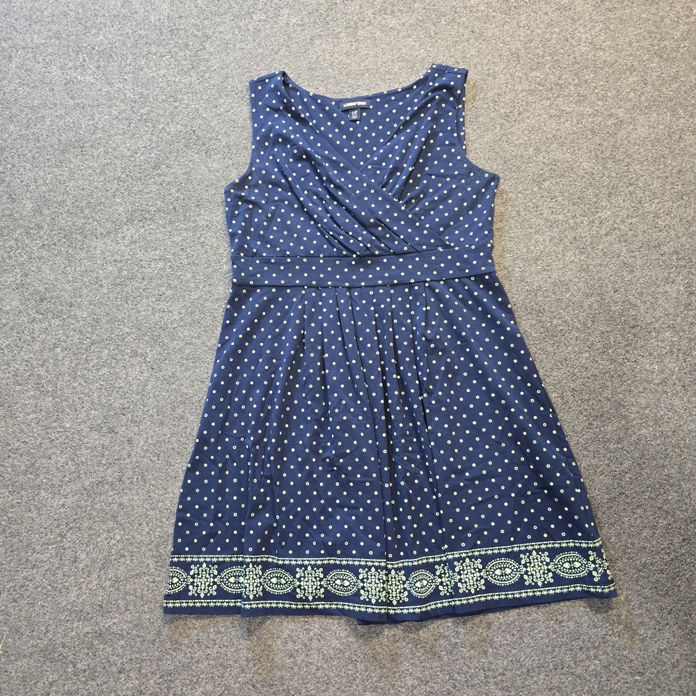 Lands End Dress Women Size Large Blue Green Dotted A Line Classic Preppy Stretch