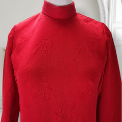 Vintage 60s Red Midi Dress Size L Mock Neck Floral Jacquard Knit Polyester