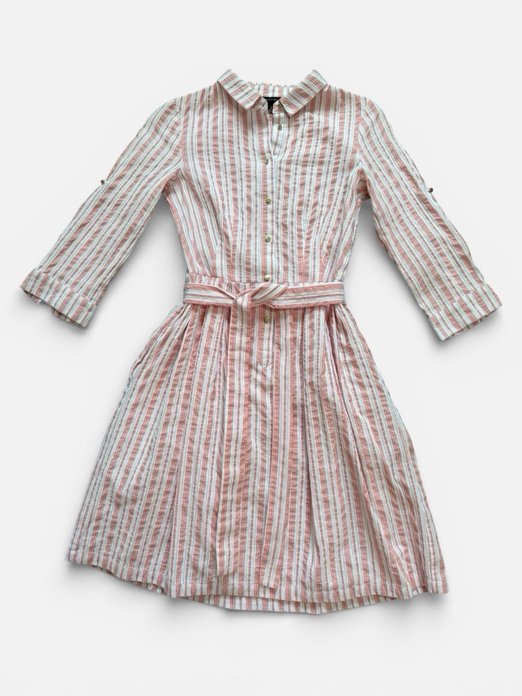 Cortefiel Salmon Pink & White Striped Button Down Fit & Flare Belted Midi Dress