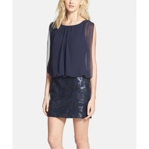 Aidan Mattox Navy Blue Sequin Lace Blouson Mini Dress Size 12 Flutter Sleeve Y2K