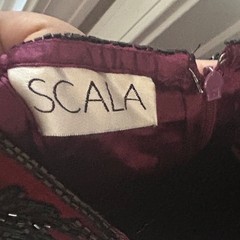 Scala Womens XL Burgundy Silk Beaded Floral Halter Open Back Maxi Evening Gown