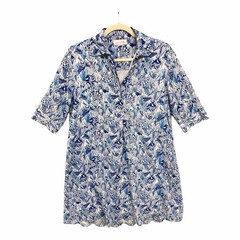 Mary Marshmallow Shell Print Popover Dress Blue Lightweight Cotton Coastal Sz XS