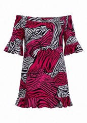 Jude Connally Celine Dress Sz S Black Pink Zebra Print Off Shoulder Bell Sleeve