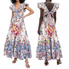 CAMILLA « Dutch Is Life » Tiered Frill Cotton V-Neck Open Back Maxi Dress, L $899