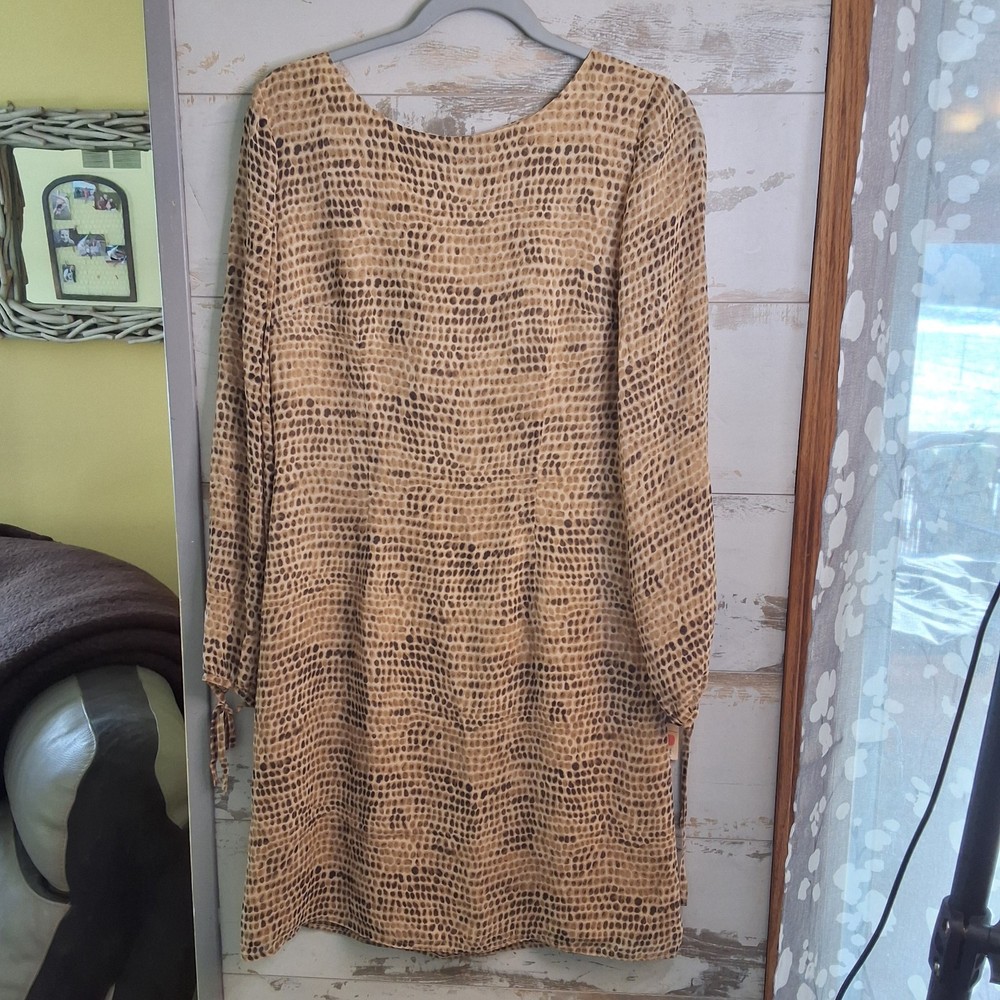 NWT Due Per Due Veste 100% Silk Sheeth Brown Dress Tie Sleeve Flowy Classy Sz6
