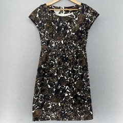 VTG Talbots Floral Print Stretch Dress Black Brown White SZ 8 Y2K Flowercore
