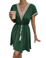 V Neck Lace Summer DRESS SOLID Short Sleeve SWEET A Line Party Sundress S-3XL