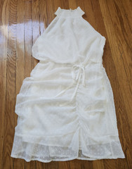 Women&rsquo;s White Polka Dot Halter Sleeveless Smocked Chiffon Shift Dress L