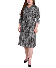 Ny Collection Tab Belted Plus Size Printed Shirt Dress Black White Zig Zag 1X
