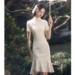 Lady Fit Lace Fishtail Cheongsam Chinese Style Retro Short Qipao Evening Dress